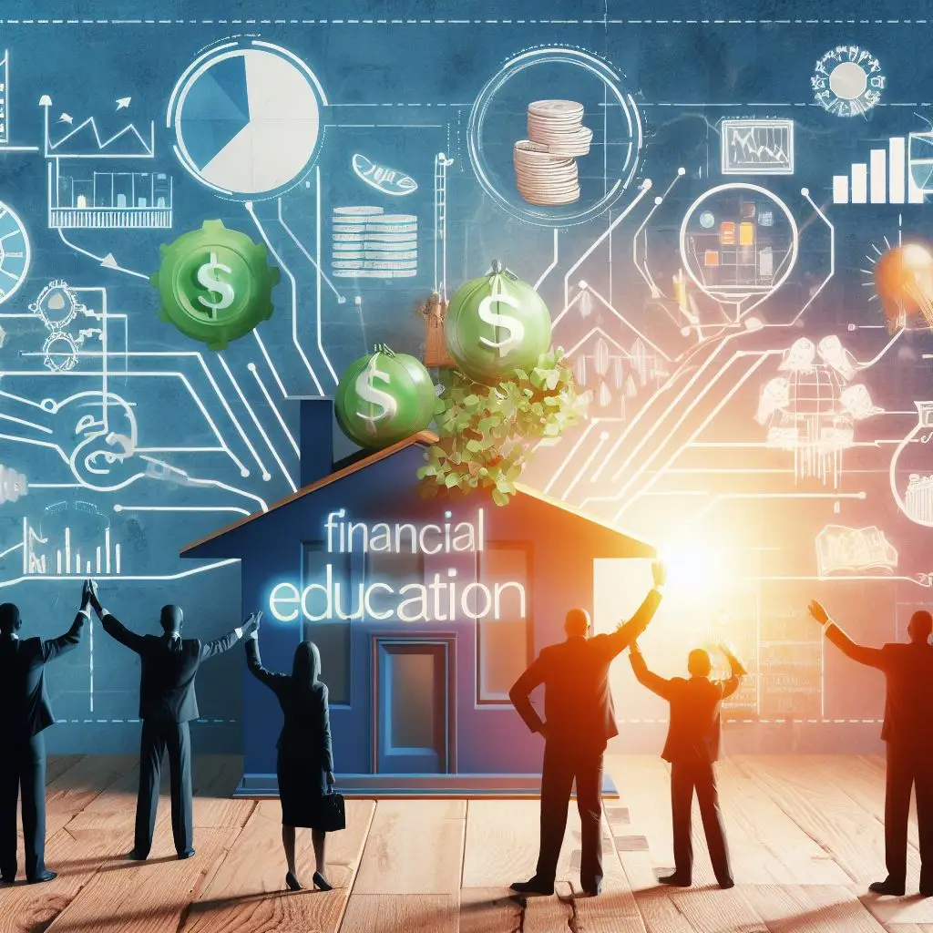 Financial education concept with business people looking at charts, graphs and dollar symbols